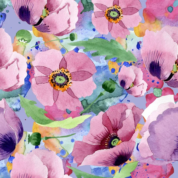 Beautiful Burgundy Poppy Flowers Watercolor Background Illustration Seamless Background Pattern — Stock Photo, Image