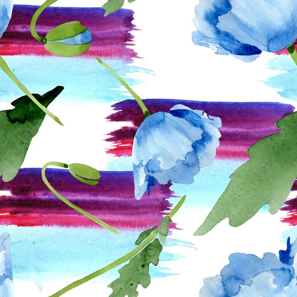 美丽的蓝色罂粟花与绿叶查出在白色 水彩背景插图 水彩画 无缝的背景模式 织物壁纸打印纹理 — 图库照片