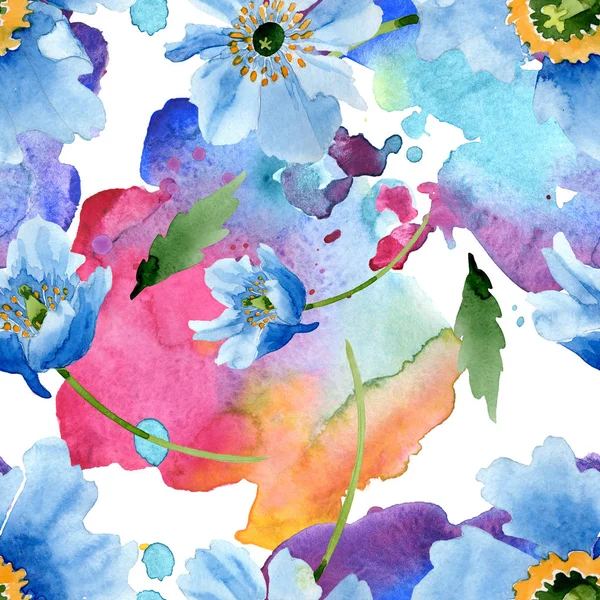 美しい白で隔離緑の葉と青いけしの花 水彩画背景イラスト Aquarelle シームレスな背景パターン 壁紙印刷手触りの生地 — ストック写真