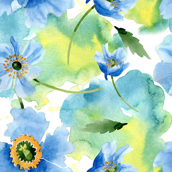 Beautiful blue poppy flowers with green leaves isolated on white. Watercolor background illustration. Watercolour aquarelle. Seamless background pattern. Fabric wallpaper print texture.