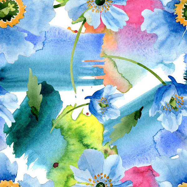 美しい白で隔離緑の葉と青いけしの花 水彩画背景イラスト Aquarelle シームレスな背景パターン 壁紙印刷手触りの生地 — ストック写真