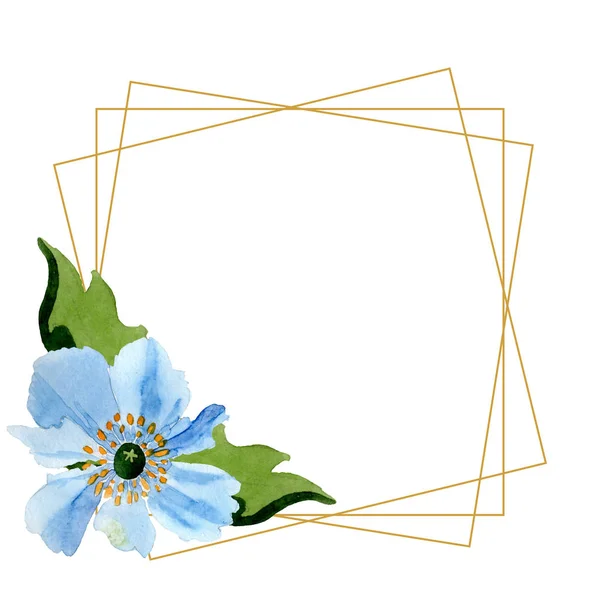 美丽的蓝色罂粟花与绿叶查出在白色 水彩背景插图 水彩画时尚水彩画 框架边框装饰水晶 — 图库照片