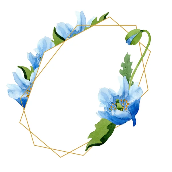 美しい白で隔離緑の葉と青いけしの花 水彩画背景イラスト 水彩描画ファッション Aquarelle フレーム枠飾りクリスタル — ストック写真