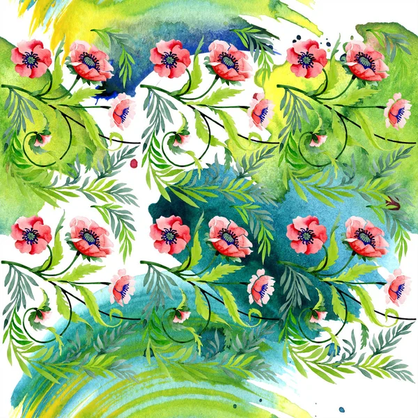 Украшение Красивыми Красными Маками Листьями Акварельная Фоновая Иллюстрация Бесшовный Рисунок — Бесплатное стоковое фото