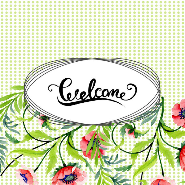 Украшение с красивыми красными маками, изолированными на белом. Акварельная фоновая иллюстрация. Акварель для рисования акварелью. Рамка пограничного цветочного украшения. Приветственная надпись
