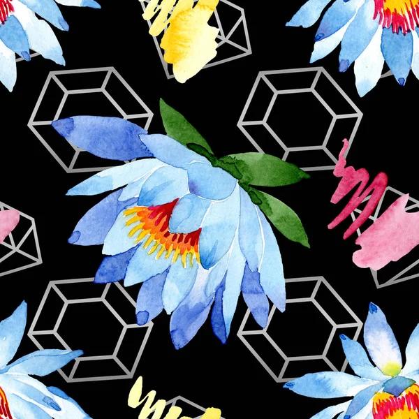Blue Lotus Flowers Watercolor Background Illustration Watercolour Aquarelle Seamless Background — Stock Photo, Image
