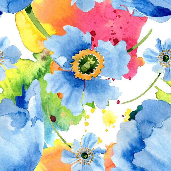 Beautiful blue poppy flowers with green leaves isolated on white. Watercolor background illustration. Watercolour aquarelle. Seamless background pattern. Fabric wallpaper print texture. — Stock Image Beautiful Blue Poppy Flowers Green Leaves Isolated White Watercolor Background Stock Picture