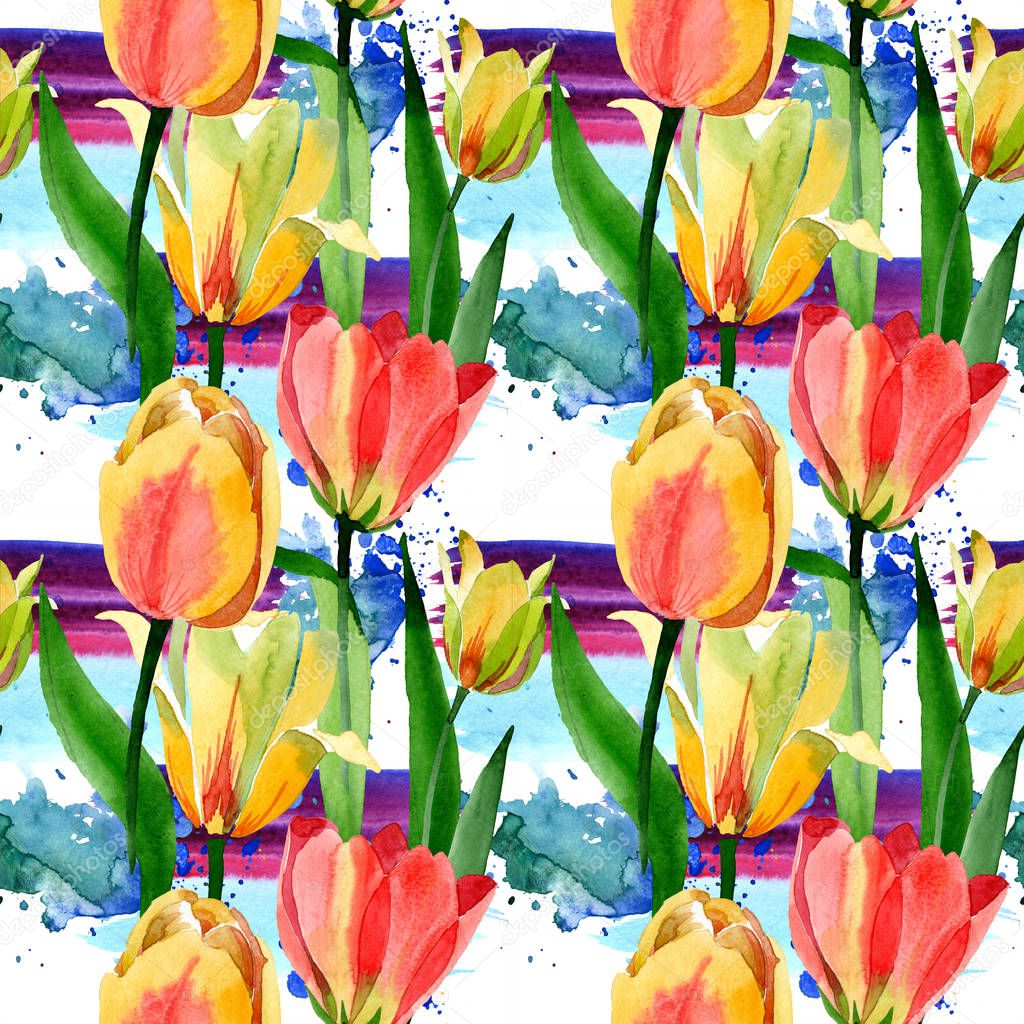 Beautiful yellow tulips with green leaves isolated on white. Watercolor background illustration. Seamless background pattern. Fabric wallpaper print texture. 
