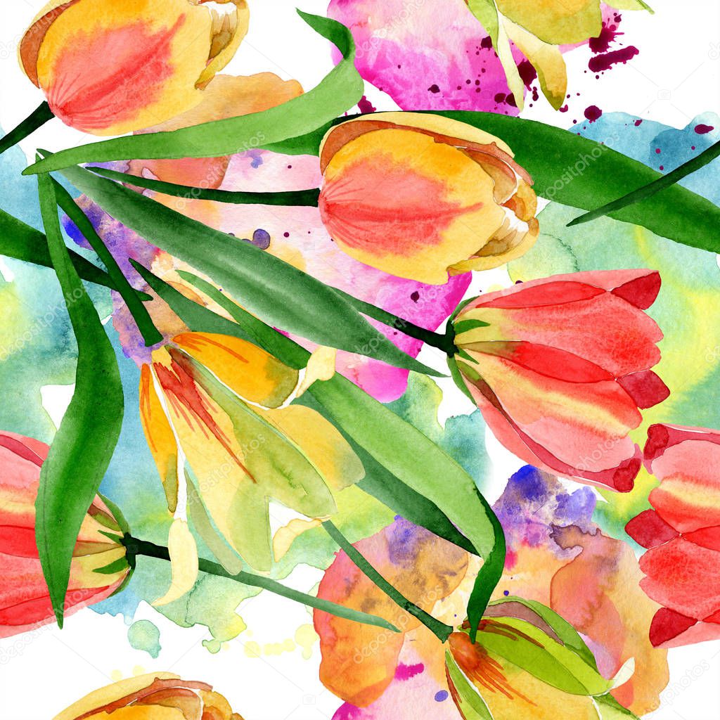 Beautiful yellow tulips with green leaves isolated on white. Watercolor background illustration. Watercolour drawing fashion aquarelle. Frame border ornament.