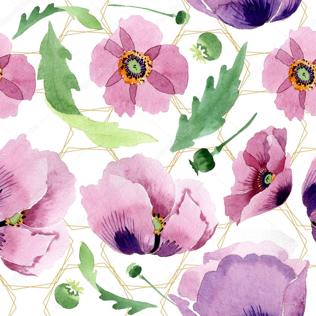 Beautiful burgundy poppy flowers. Watercolor background illustration. Seamless background pattern. Fabric wallpaper print texture.