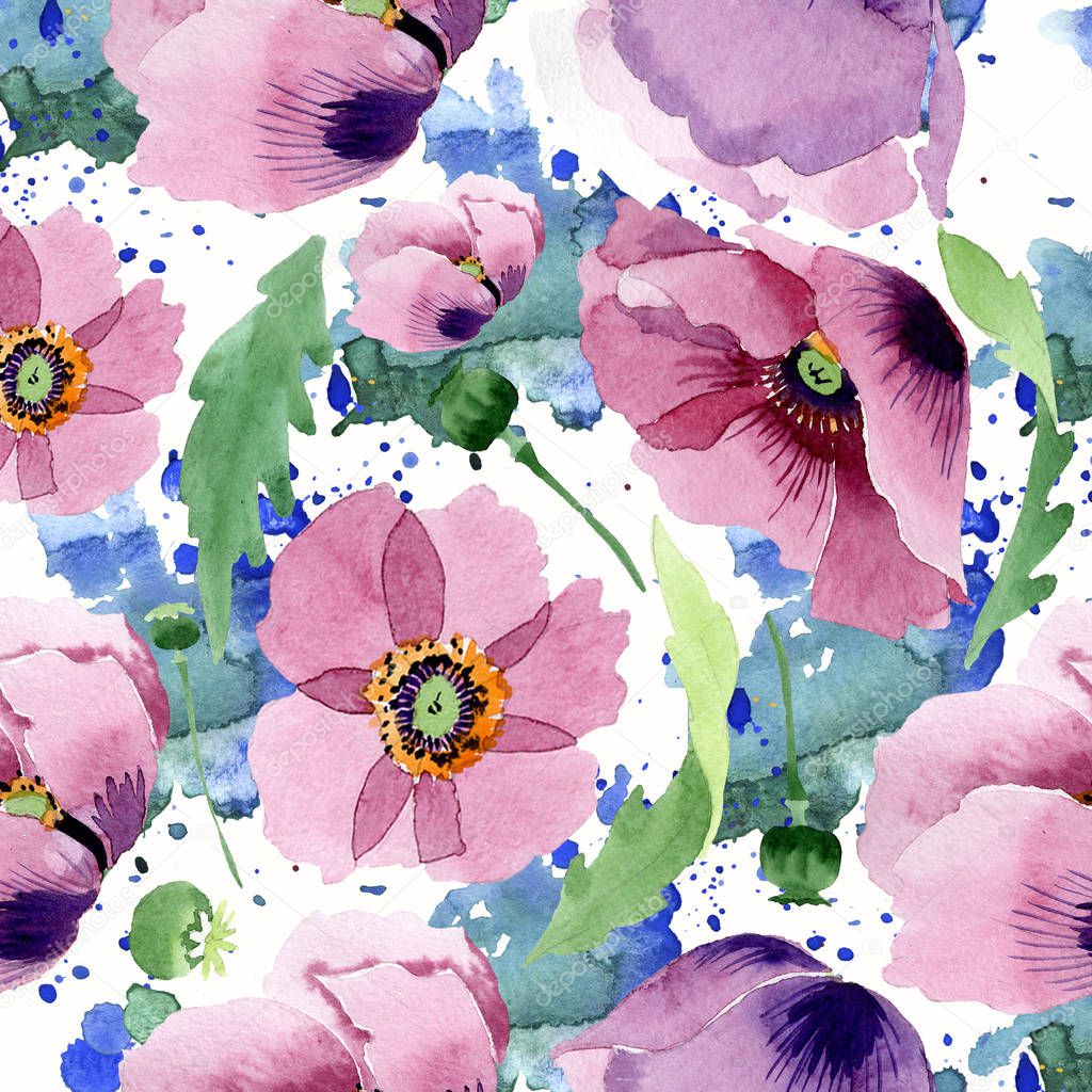 Beautiful burgundy poppy flowers. Watercolor background illustration. Seamless background pattern. Fabric wallpaper print texture.