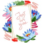 Красиві сині квіти лотоса ізольовані на білому. Ілюстрація акварельного фону. Акварель акварель. Каркасний прикордонний орнамент. Кришталевий алмазний камінь ювелірний мінерал .