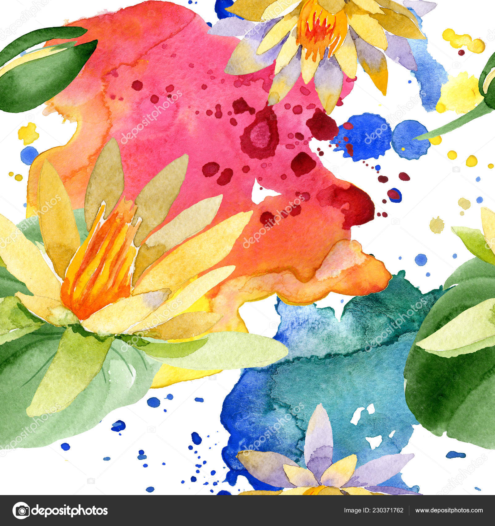 美しい黄色の蓮の花は 白で隔離 水彩画背景イラスト 水彩描画ファッション Aquarelle シームレスな背景パターン 無料のストック写真 C Andreyanush