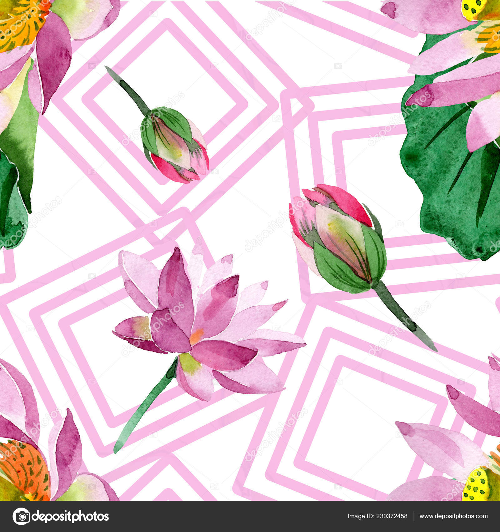 美丽的紫色莲花孤立在白色水彩背景插图水彩画无缝的背景模式织物壁纸打印纹理 图库照片 C Andreyanush