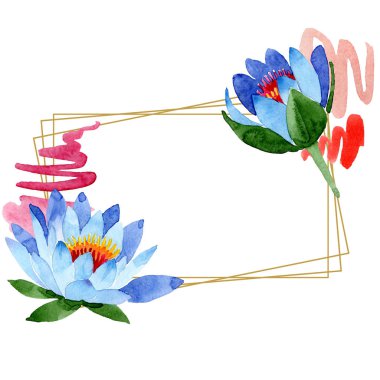 Güzel mavi lotus çiçekleri beyaz izole. Suluboya arka plan illüstrasyon. Suluboya aquarelle. Çerçeve kenarlığı süsleme. Kristal elmas taş takı maden.