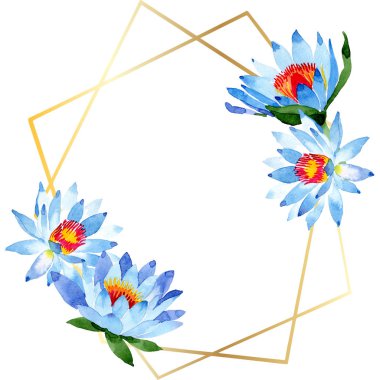 Beautiful blue lotus flowers isolated on white. Watercolor background illustration. Watercolour aquarelle. Frame border ornament. Crystal diamond rock jewelry mineral. clipart