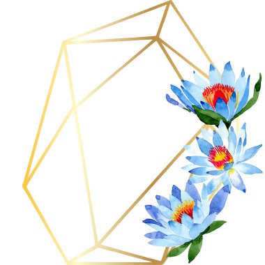 Beautiful blue lotus flowers isolated on white. Watercolor background illustration. Watercolour aquarelle. Frame border ornament. Crystal diamond rock jewelry mineral. clipart