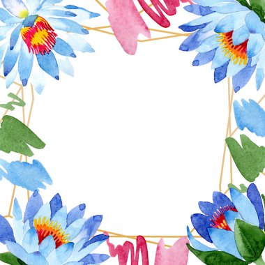 Güzel mavi lotus çiçekleri beyaz izole. Suluboya arka plan illüstrasyon. Suluboya çizim moda aquarelle. Çerçeve kenarlığı süsleme.
