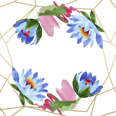 Güzel mavi lotus çiçekleri beyaz izole. Suluboya arka plan illüstrasyon. Suluboya aquarelle. Çerçeve kenarlığı süsleme. Kristal elmas taş takı maden.