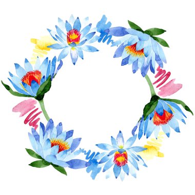 Güzel mavi lotus çiçekleri beyaz izole. Suluboya arka plan illüstrasyon. Suluboya çizim moda aquarelle. Çerçeve kenarlığı süsleme.