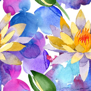 Güzel sarı lotus çiçekleri beyaz izole. Suluboya arka plan illüstrasyon. Suluboya çizim moda aquarelle. Sorunsuz arka plan deseni.