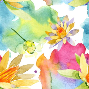 Güzel sarı lotus çiçekleri beyaz izole. Suluboya arka plan illüstrasyon. Suluboya çizim moda aquarelle. Sorunsuz arka plan deseni.