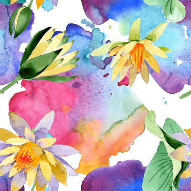 Güzel sarı lotus çiçekleri beyaz izole. Suluboya arka plan illüstrasyon. Suluboya çizim moda aquarelle. Sorunsuz arka plan deseni.