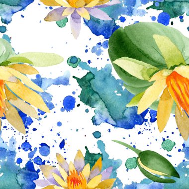 Güzel sarı lotus çiçekleri beyaz izole. Suluboya arka plan illüstrasyon. Suluboya çizim moda aquarelle. Sorunsuz arka plan deseni.