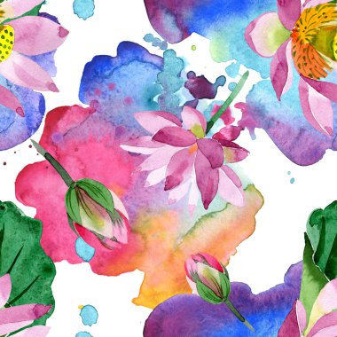 Güzel mor lotus çiçekleri beyaz izole. Suluboya arka plan illüstrasyon. Suluboya aquarelle. Sorunsuz arka plan deseni. Kumaş duvar kağıdı yazdırma doku