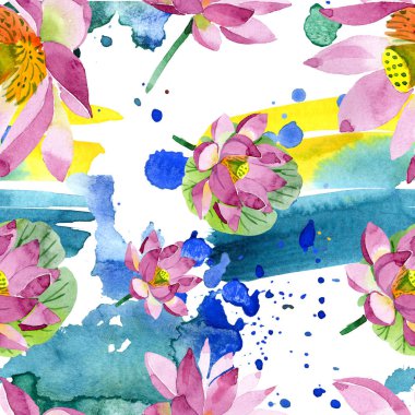 Güzel mor lotus çiçekleri beyaz izole. Suluboya arka plan illüstrasyon. Suluboya aquarelle. Sorunsuz arka plan deseni. Kumaş duvar kağıdı yazdırma doku