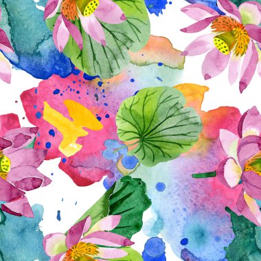 Güzel mor lotus çiçekleri beyaz izole. Suluboya arka plan illüstrasyon. Suluboya aquarelle. Sorunsuz arka plan deseni. Kumaş duvar kağıdı yazdırma doku
