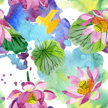 Güzel mor lotus çiçekleri beyaz izole. Suluboya arka plan illüstrasyon. Suluboya aquarelle. Sorunsuz arka plan deseni. Kumaş duvar kağıdı yazdırma doku