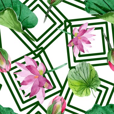 Güzel mor lotus çiçekleri beyaz izole. Suluboya arka plan illüstrasyon. Suluboya aquarelle. Sorunsuz arka plan deseni. Kumaş duvar kağıdı yazdırma doku