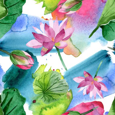 Güzel mor lotus çiçekleri beyaz izole. Suluboya arka plan illüstrasyon. Suluboya aquarelle. Sorunsuz arka plan deseni. Kumaş duvar kağıdı yazdırma doku