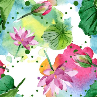 Güzel mor lotus çiçekleri beyaz izole. Suluboya arka plan illüstrasyon. Suluboya aquarelle. Sorunsuz arka plan deseni. Kumaş duvar kağıdı yazdırma doku