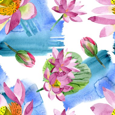 Güzel mor lotus çiçekleri beyaz izole. Suluboya arka plan illüstrasyon. Suluboya aquarelle. Sorunsuz arka plan deseni. Kumaş duvar kağıdı yazdırma doku