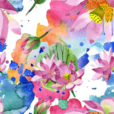 Güzel mor lotus çiçekleri beyaz izole. Suluboya arka plan illüstrasyon. Suluboya aquarelle. Sorunsuz arka plan deseni. Kumaş duvar kağıdı yazdırma doku