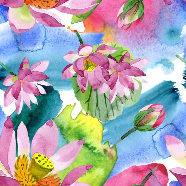 Güzel mor lotus çiçekleri beyaz izole. Suluboya arka plan illüstrasyon. Suluboya aquarelle. Sorunsuz arka plan deseni. Kumaş duvar kağıdı yazdırma doku