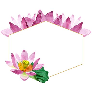 Güzel mor lotus çiçekleri beyaz izole. Suluboya arka plan illüstrasyon. Suluboya çizim moda aquarelle. Çerçeve kenarlığı süsleme kristal.