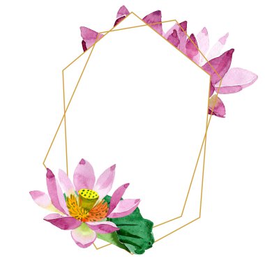 Güzel mor lotus çiçekleri beyaz izole. Suluboya arka plan illüstrasyon. Suluboya çizim moda aquarelle. Çerçeve kenarlığı süsleme kristal.