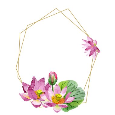 Güzel mor lotus çiçekleri beyaz izole. Suluboya arka plan illüstrasyon. Suluboya çizim moda aquarelle. Çerçeve kenarlığı süsleme kristal.