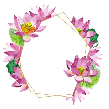 Güzel mor lotus çiçekleri beyaz izole. Suluboya arka plan illüstrasyon. Suluboya çizim moda aquarelle. Çerçeve kenarlığı süsleme kristal.