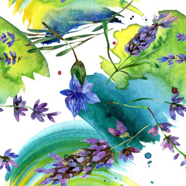 Beyaz izole güzel mor lavanta çiçekleri. Suluboya arka plan illüstrasyon. Suluboya çizim moda aquarelle. Sorunsuz arka plan deseni.