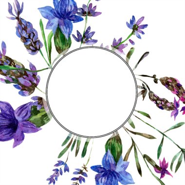 Beyaz izole güzel mor lavanta çiçekleri. Suluboya arka plan illüstrasyon. Suluboya çizim moda aquarelle. Çerçeve kenarlığı süsleme.
