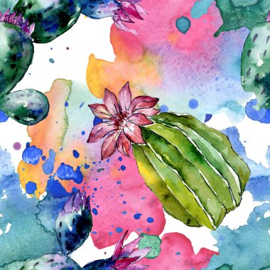 Yeşil kaktüsler. Suluboya arka plan illüstrasyon. Suluboya aquarelle izole. Sorunsuz arka plan deseni. Kumaş duvar kağıdı yazdırma doku.