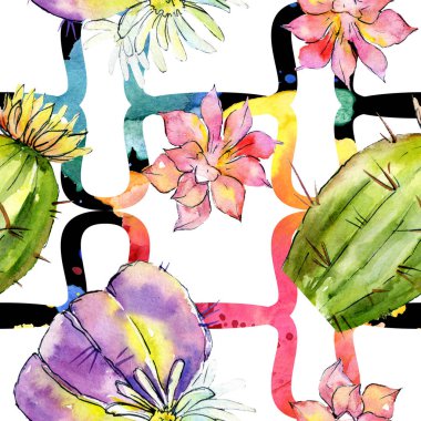 Yeşil kaktüsler. Suluboya arka plan illüstrasyon. Suluboya aquarelle izole. Sorunsuz arka plan deseni. Kumaş duvar kağıdı yazdırma doku.