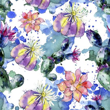 Yeşil kaktüsler. Suluboya arka plan illüstrasyon. Suluboya aquarelle izole. Sorunsuz arka plan deseni. Kumaş duvar kağıdı yazdırma doku.