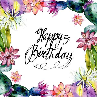 Yeşil kaktüsler üzerinde beyaz izole. Suluboya arka plan illüstrasyon. Suluboya çizim moda aquarelle. Çerçeve kenarlığı süsleme. İyi ki doğdun yazıt 