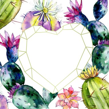 Güzel yeşil kaktüsler üzerinde beyaz izole. Suluboya arka plan illüstrasyon. Suluboya çizim moda aquarelle. Çerçeve kenarlığı süsleme.