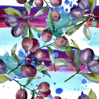 Siyah zeytin dalları yeşil yaprakları ile üzerinde. Botanik Bahçe çiçek yaprakları. Suluboya arka plan illüstrasyon. Sorunsuz arka plan deseni. Kumaş duvar kağıdı yazdırma doku.